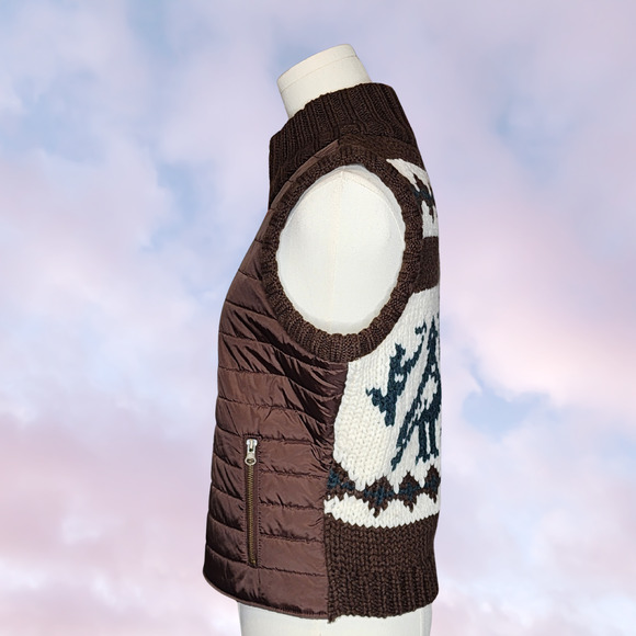 Vtg BBs Closet Y2k Brown White Knit Wool Blend Bird Snow Winter Puffer Vest Sz L - Picture 4 of 6